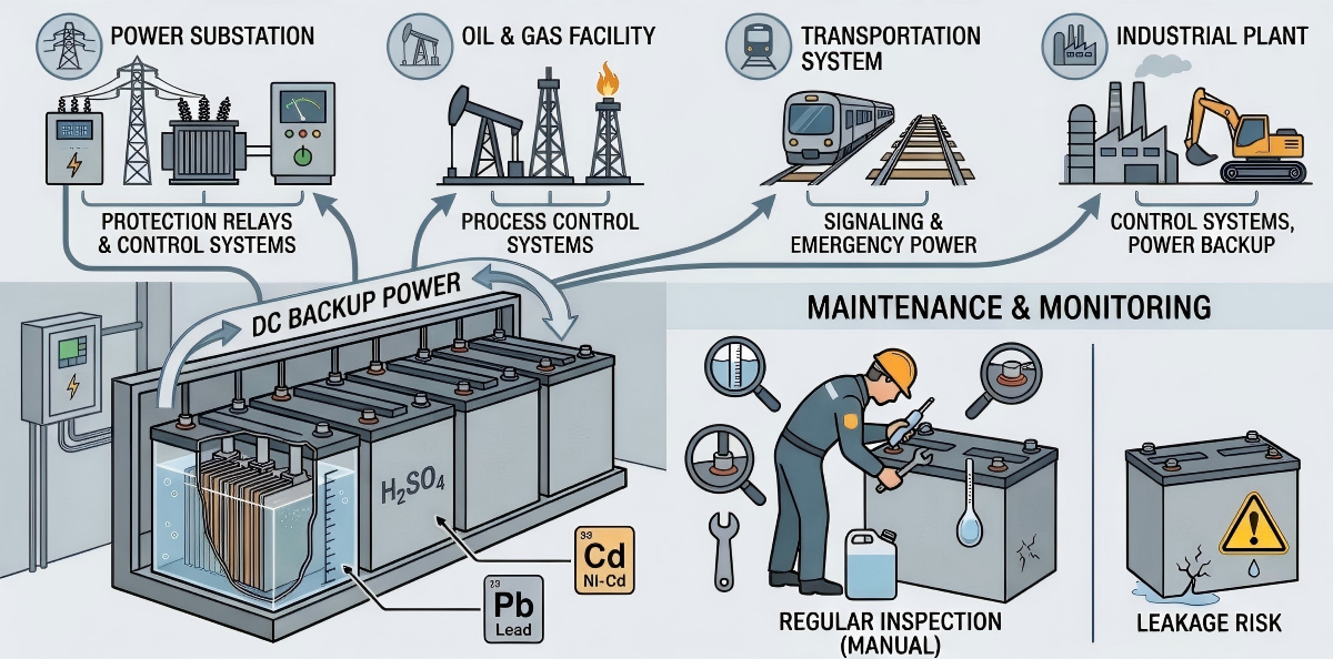 &Uuml;berwachungsanwendungen f&uuml;r &uuml;berflutete Blei-S&auml;ure- und Ni-Cd-Batterien in Umspannwerken, &Ouml;l und Gas, Transport- und Industrieanlagen. 