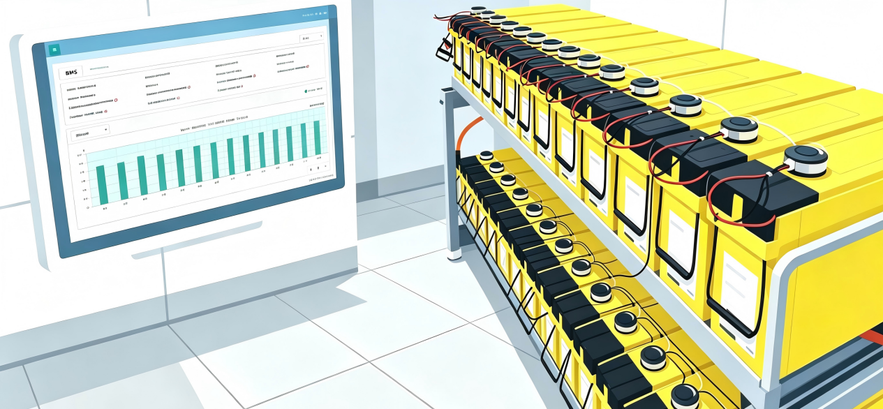 DFUN BMS-&Uuml;berwachungs-Dashboard neben einem Backup-Batteriegestell eines Krankenhauses 
